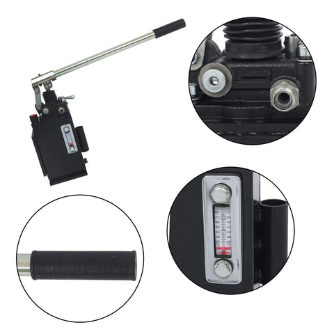LiGuVCY Hydraulic Piston Hand Pump with Changeover Valve for Double Acting Cylinder close-up, 1-quart steel tank, 3,600 PSI.