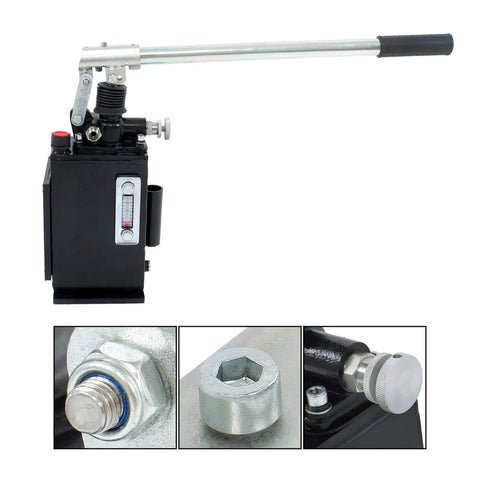 Hydraulic Piston Hand Pump 1.5 CID 3 Qts Manual Hydraulic Pump Single Acting with Release Knob, black with metal handle and gauge.