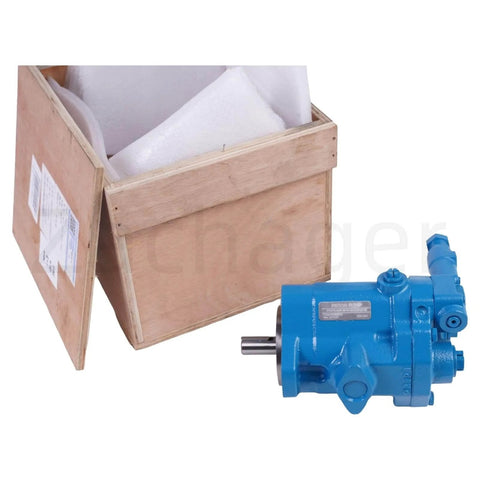 Zachager PVQ13-A2R-SE1S-20-C14-12-S2 Hydraulic Piston Pump next to wooden shipping crate