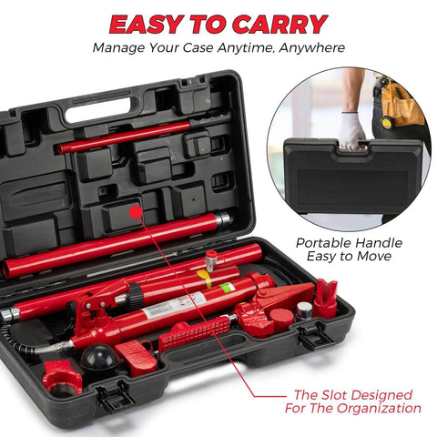 Heavy Duty 12 Ton Hydraulic Porta Power Jack Kit With 4.6 Foot Oil Hose in open storage case for auto body frame repair.