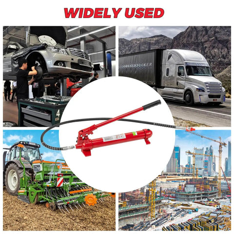 Heavy Duty 12 Ton Hydraulic Porta Power Jack Kit With 4.6 Foot Oil Hose For Auto Body Frame Repair In Garage Storage, used for auto repair, trucking, farming equipment, and construction.