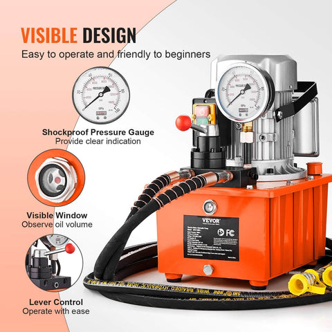 10000 PSI 750W 110V 488 in³/8L Capacity, Double Acting Manual Valve, Electric Driven Hydraulic Pump Power Pack, orange with gauges