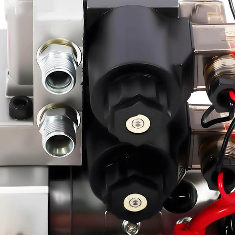 Close-up of 12V DC 4.5Liter Reservoir Hydraulic Power Pump Double Acting 4 Way Unit with connectors and wiring details