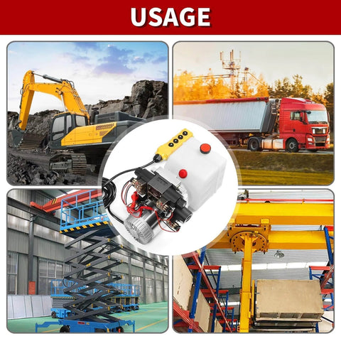 Usage of 12V DC 4.5Liter Reservoir Hydraulic Power Pump Double Acting 4 Way Unit Hydraulic Pump in various machinery and vehicles.