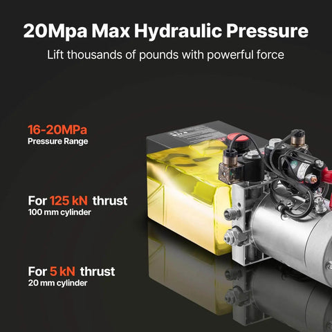 4 Quart DC 12V Hydraulic Power Unit for Dump Trailers With Double Acting Pump, 3200 PSI Max Relief Pressure, displayed in side view.