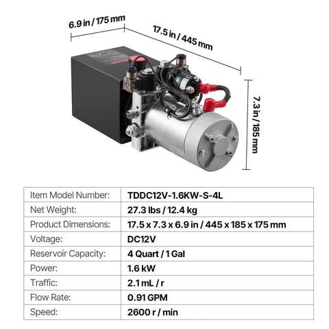 4 Quart DC 12V Hydraulic Power Unit for Dump Trailers with Double Acting Pump, black steel reservoir, front view
