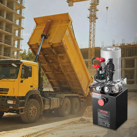 4 Quart DC 12V Hydraulic Power Unit for Dump Trailers With Double Acting Pump, 3200 PSI Max Relief Pressure shown near construction site
