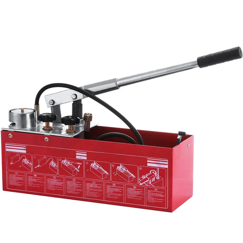 Hydraulic Pressure Test Pump 50 Bar Hand Pressure Test Pump 726 PSI 3.2 Gallon Tank with handle and steel container.