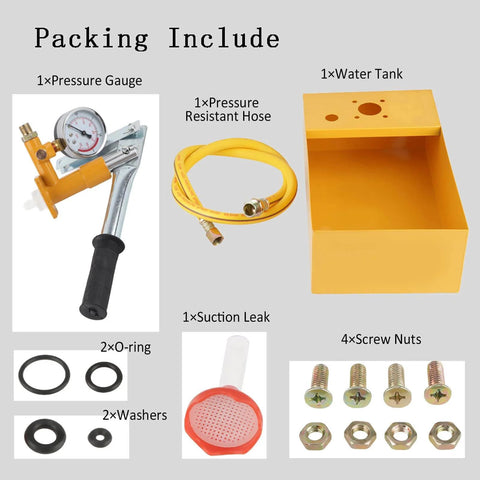 Components of Hydraulic Pressure Test Pump, 2.5Mpa 25KG Manual Hydraulic Water Pressure Test Pump, including gauge, hose, and water tank.