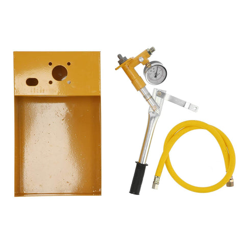 362 PSI Pressure Test Pump, Hydraulic Manual Water Pressure Tester Kit with gauge, hose, and box, shown in disassembled form.