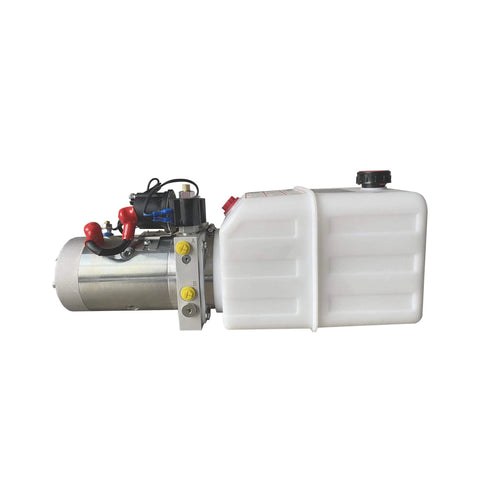 Side view of Double Acting Hydraulic Pump 5 Quart Hydraulic Power Unit 12V DC Hydraulic Pump with plastic oil reservoir.