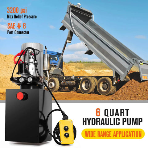 Hydraulic Pump 12V Dump Trailer Pump showing power unit with dump trailer lifting, SAE #6 connectors visible.