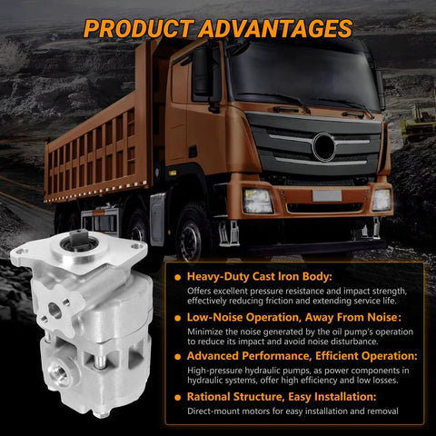 Otobaijeni Hydraulic Pump 6C200-37300 6C200-37303 next to a heavy-duty truck with product advantages listed