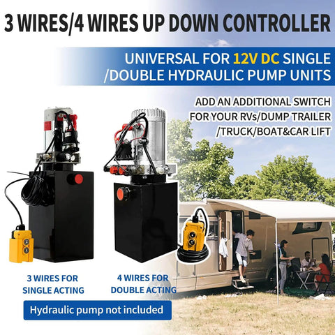 3-wire and 4-wire 12V DC dump trailer remote control switch, black compact design with yellow pendant for hydraulic pumps.