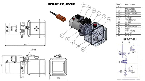 Technical diagram of 12 Volt DC Double Acting Hydraulic Pump For Dump Trailers With Solenoid Power Unit And 8 Quart Plastic Tank