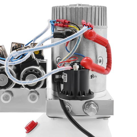 Close-up of Double Acting Hydraulic Pump 12V DC 4.5 Quart Hydraulic Power Unit 1.6kW 3000RPM 22MPA with wiring and metal components