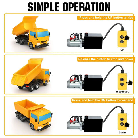 Simple operation guide for Heavy Duty Electric Hydraulic Pump Unit for Dump Trailer with Metal Reservoir 12V DC Motor 3200 PSI Max Pressure.