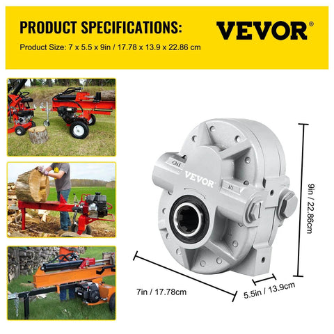 Bestauto Hydraulic Pump 21.2GPM with SAE 12 outlet, 2500PSI, shown with log splitters and dimensions