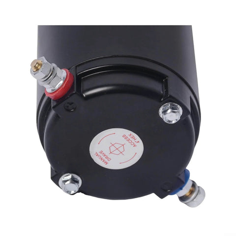 Bottom view of a 179327 Hydraulic Pump Motor 414850 for Unidirectional Power Unit RV Leveling Systems, showing connectors and mounting points.