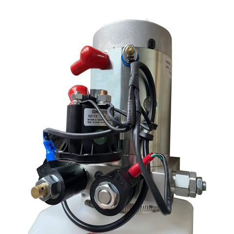 Close-up of Double Acting Hydraulic Pump 5 Quart Hydraulic Power Unit 12V DC Hydraulic Pump (Plastic Oil Reservoir Single Acting 3200 PSI) with connectors