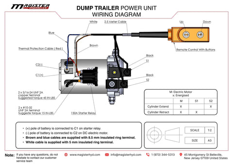Wiring diagram for 12 Volt DC Double Acting Hydraulic Pump For Dump Trailers With Solenoid Power Unit And 8 Quart Plastic Tank.