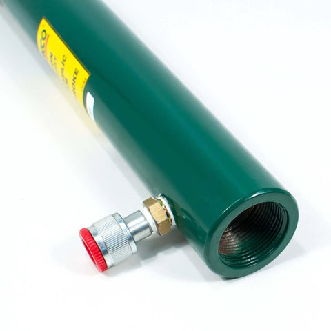 Close-up of a green ✝️ 10 Ton Capacity 10" Stroke Hydraulic Ram showing the threaded end and valve fitting.