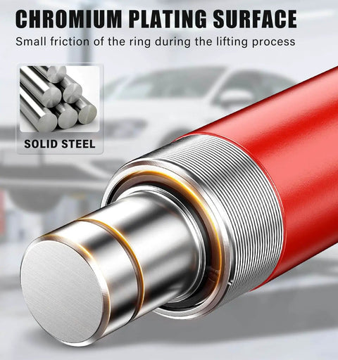 Close-up of Pro Grade 12 Ton Hydraulic Body Repair Kit, showing red ram pump with chromium plating and solid steel internals.