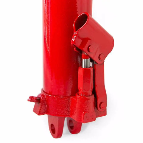 Close-up of BeefedUp 8 Ton Hydraulic Ram Engine Lift Hoist with clevis base and handle, cherry picker style for shop cranes.