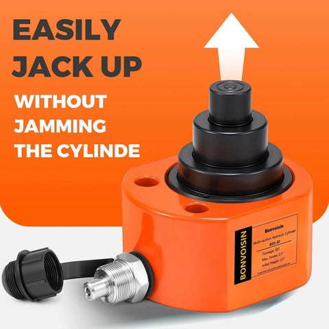 Hydraulic Ram Jack 30T Low Profile Porta Power Cylinder in orange, multi-section design, with text 'Easily Jack Up Without Jamming the Cylinder'.