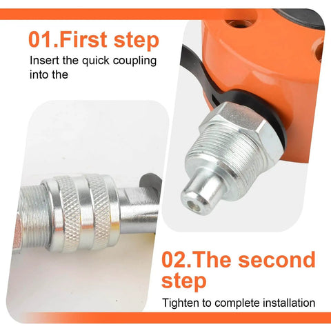 Installation steps for Heavy Duty 10 Ton Hydraulic Ram Jack Kit With Porta Power Lifting Cylinders, showing quick coupling.