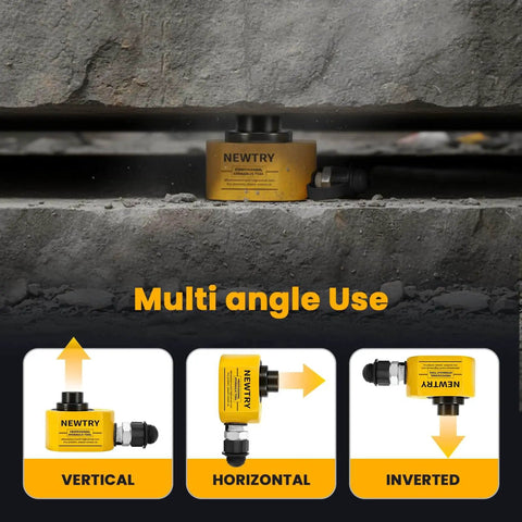 10 Ton Hydraulic Ram Jack With Low Profile Multi Section Cylinder 1 Inch Total Stroke Portable Workhorse for Machinery Bridges and Construction Projects Newtry shown from side view in use supporting concrete at multiple angles.