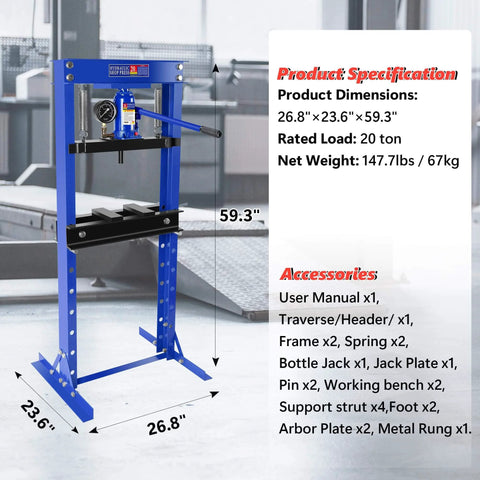 Hydraulic Shop Press, 20 Ton H-Frame Garage Floor Adjustable with Pressure Gauge and Stamping Plates, dimensions labeled
