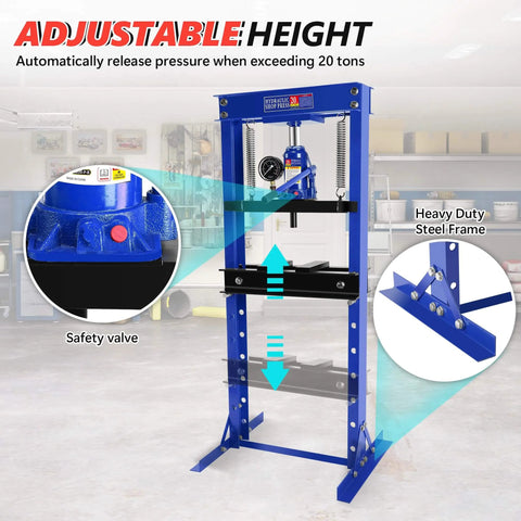 Hydraulic Shop Press,20 Ton H-Frame Garage Floor Adjustable Shop Bearing Press with Pressure Gauge in a workshop setting