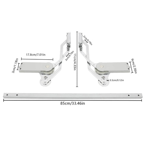 Cabinet Door Hinges Set Folding Lift up Top Table Vertical Swing Lift Up Stay Pneumatic Arm with measurements visible, silver.