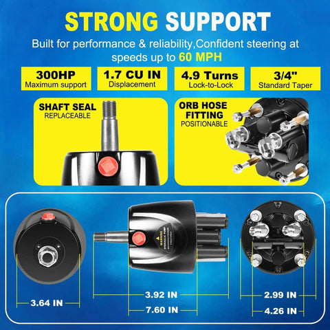HH5271-3 Hydraulic Steering Helm Pump with dimensions and specs including 1.7 cu in, 300HP max, 4.9 lock-to-lock, marine-grade aluminum.