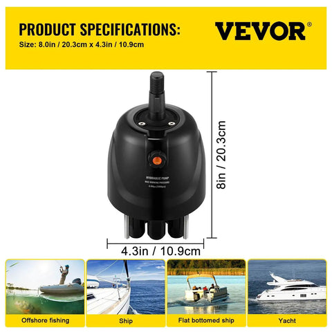 Outboard Hydraulic Steering Pump For Cruisers And Runabouts 300 HP Front Mount Helm HH5271-3 VEVOR, dimensions shown, suitable for boats