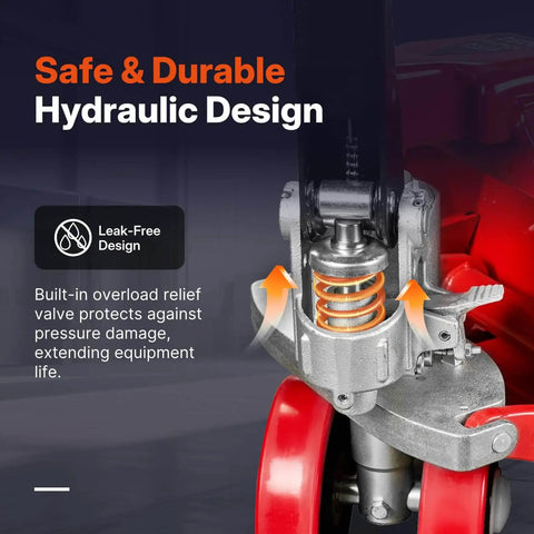 Close-up of NORTHSKY integrated hydraulic system on narrow manual pallet jack with overload relief valve for tight aisles.