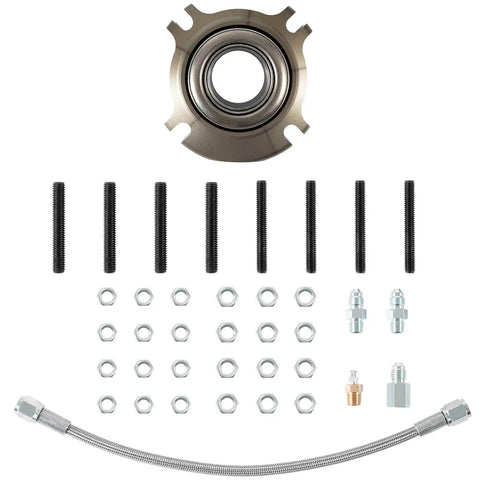 Hydraulic Release Throwout Bearing Kit For Multi Disk Racing Clutch 5 5 Inch To 7 25 Inch Clutches Compatible With Chevy GMC Manual 3 Speed 4 Speed Transmissions From Muncie Borg Warner Saginaw Tremec TKO 500 For Street And Track, showing components including hydraulic bearing, hose, and fittings