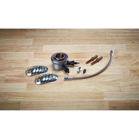 Hydraulic Throwout Bearing Kit For Chevy Clutches With 3 And 4 Speed Compatibility Includes GM Clutch Bearing Bleeder Screw Assembly One Eighth NPT Fitting AN4 Braided Stainless Line And 0.688 Inch Travel