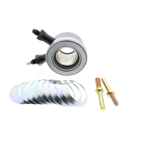 Hydraulic Throwout Bearing Kit For Chevy Clutches With 3 And 4 Speed Compatibility Includes GM Clutch Bearing Bleeder Screw Assembly One Eighth NPT Fitting AN4 Braided Stainless Line And 0.688 Inch Travel