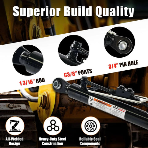 Detailed view of hydraulic top link featuring 13/16'' rod, 3/8'' ports, and 3/4'' pin hole with superior build quality icons