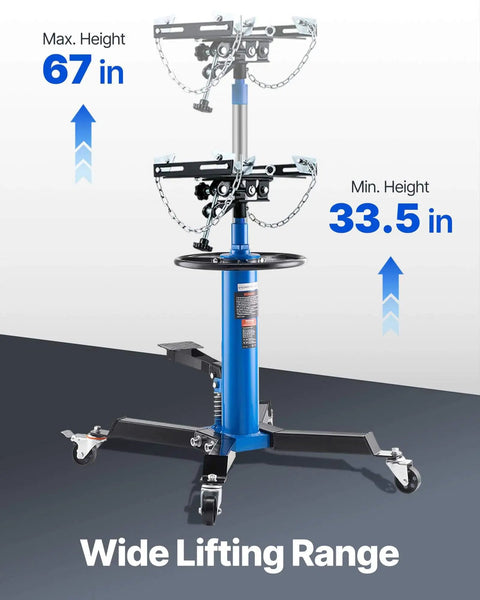 Heavy Duty Transmission Jack Lift With 1100 Lbs Capacity, 33 To 67 Inch Hydraulic Telescoping Stand, shown at max and min height
