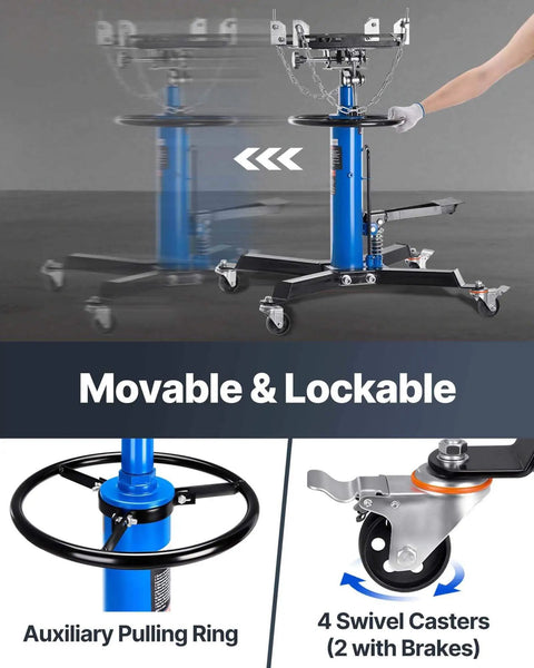 Heavy Duty Transmission Jack Lift With 1100 Lbs Capacity, 33 To 67 Inch Hydraulic Telescoping Stand featuring swivel wheels