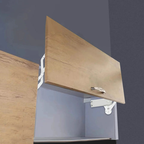 Hydraulic Buffer Cabinet Door Hinges showing vertical swing lift on wood cabinet, adjustable pneumatic arm for 7.7-8.8lbs doors.