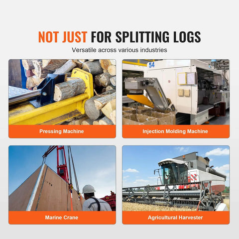 Hydraulic Wood Log Splitter Pump used in diverse machinery including pressing, injection molding, marine crane, and agricultural harvester.