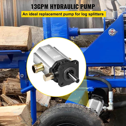 Bestauto Hydraulic Wood Splitter Pump 3000 PSI 2 Stage Log Splitter Pump 13 GPM, installed on log splitter with wood pieces.