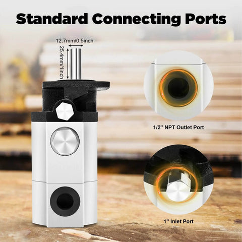 Close-up of Hydraulic Wood Splitter Pump 16 GPM 2 Stage Powerful Hydraulic Pump ports with 1/2" NPT outlet and 1" inlet.