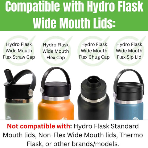 Four water bottles with Hydro Flask Wide Mouth Flex Cap, Flex Straw Cap, Flex Chug Cap, and Flex Sip Lid options.