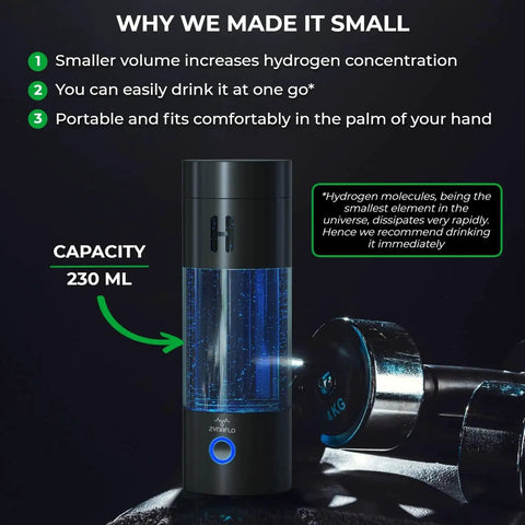 Hydrogen Water Bottle Generator With SPE PEM Technology Delivers 2.0 To 3.0 PPM H2 Onyx Black, 230 ml capacity, displayed with dumbbells
