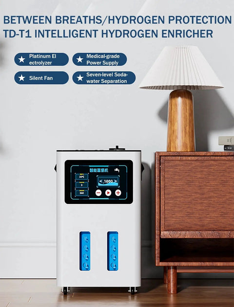 Two-User Hydrogen Inhalation Machine With 3-Port Design next to a table lamp, featuring SPE PEM technology for home use.